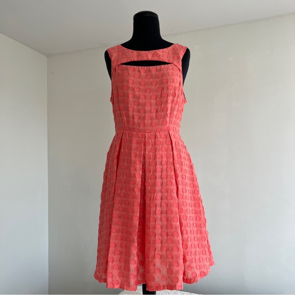 Eva Franco Pleated Coral Keyhole Polka Dot Sleeveless Fit & Flare Dress, 8 - Picture 1 of 11